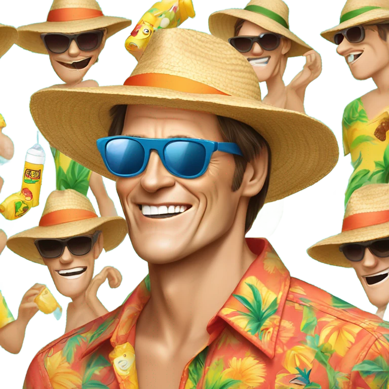 jim carrey beach shirt sun glasses sunscreen and beach hat  emoji