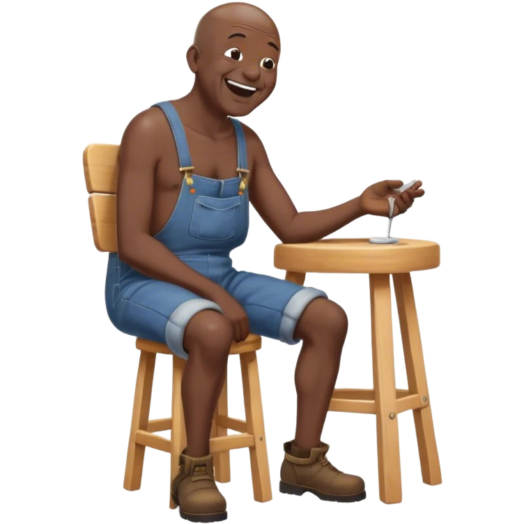 Side view Laughing telling story Old bald black man sitting on stool wearing overalls no shirt. he is blind emoji