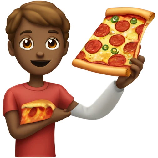 Una persona confundida con pizza de peperoni en una mano y en la otra una pizza de tocineta emoji