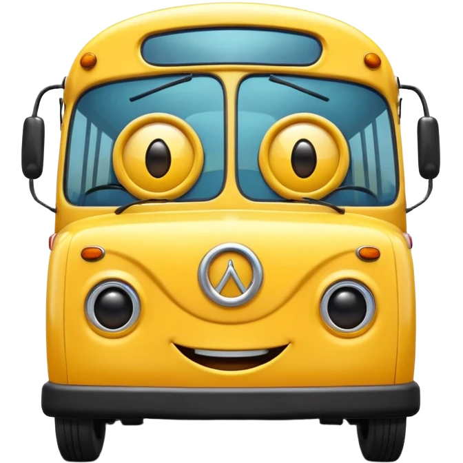Front view of a bus with a cheerful smiling face, expressive eyes integrated into the windshield, glossy 3D animation style, Pixar-inspired, vibrant colors, soft shadows, cinematic lighting, ultra detailed, 4k render emoji