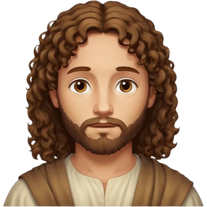 "Jesus with medium curly hair, not long, gentle expression, realistic yet soft digital painting, warm and serene colors." emoji
