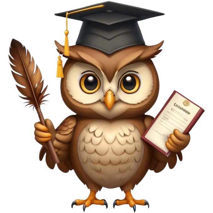 Owl smiling with graduation hat and diploma in claws emoji