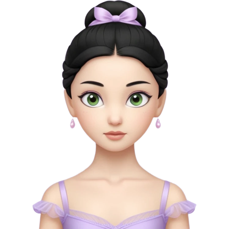 Cinematic Realistic ballerina Light Purple Portrait, depicted with lifelike skin texture, subtle rosy undertones, and soft natural lighting that enhances the gentle contours of her face. Her intricately detailed sweet black hair is elegantly styled, green eyes emoji