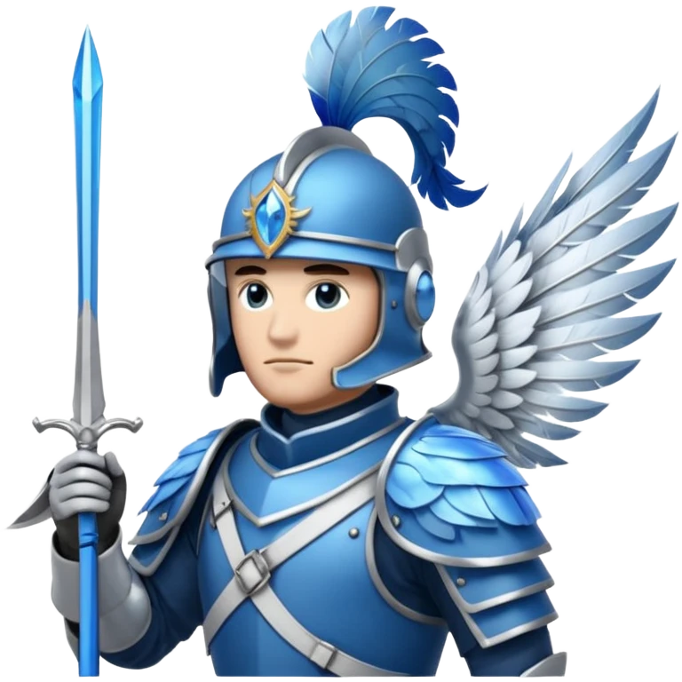 soldat en armure légère de couleur argentée et bleue, presque translucide, tenant une lance ornée d'un cristal. Son casque est stylisé avec des plumes d'oiseau. Il se tient devant un fond de nuages vaporeux. emoji