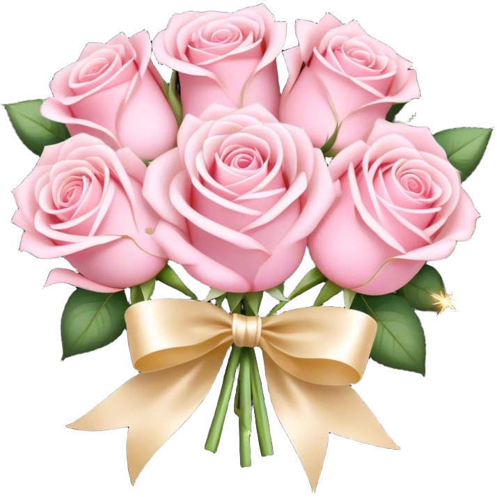 Romantic bouquet of pastel pink roses tied with an ivory satin ribbon, delicate golden sparkles. emoji