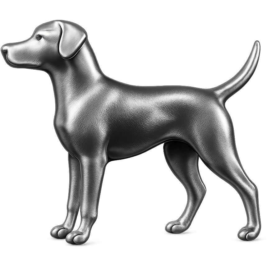               Apply a high-end, photorealistic metallic chrome material to the provided {subject}. The material should have a smooth, slightly curved surface with subtle reflections and soft shadows, resembling brushed or polished silver metal. Preserve the exact shape, proportions, and design of the original object. Set it against a solid black background (#000000) in 8K resolution. The lighting should enhance the beveled edges and reflective highlights, creating a sleek, premium finish. {subject} = dog pointing left emoji