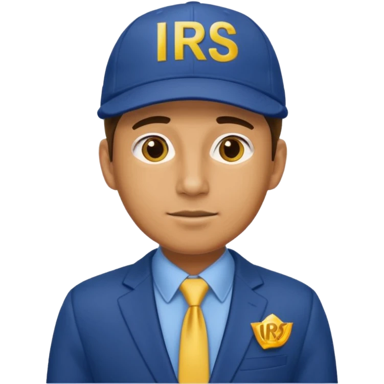 a man dressed in a blue suit with a cap on that says IRS in yellow letters emoji