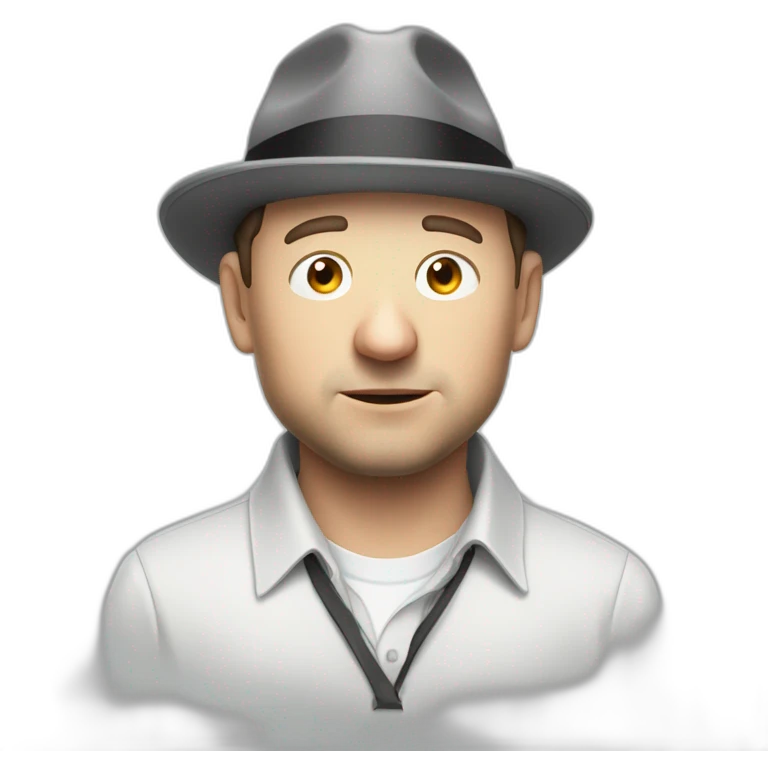 tim robinson wearing a grey fedora white shirt only looking scared and sad side view emoji