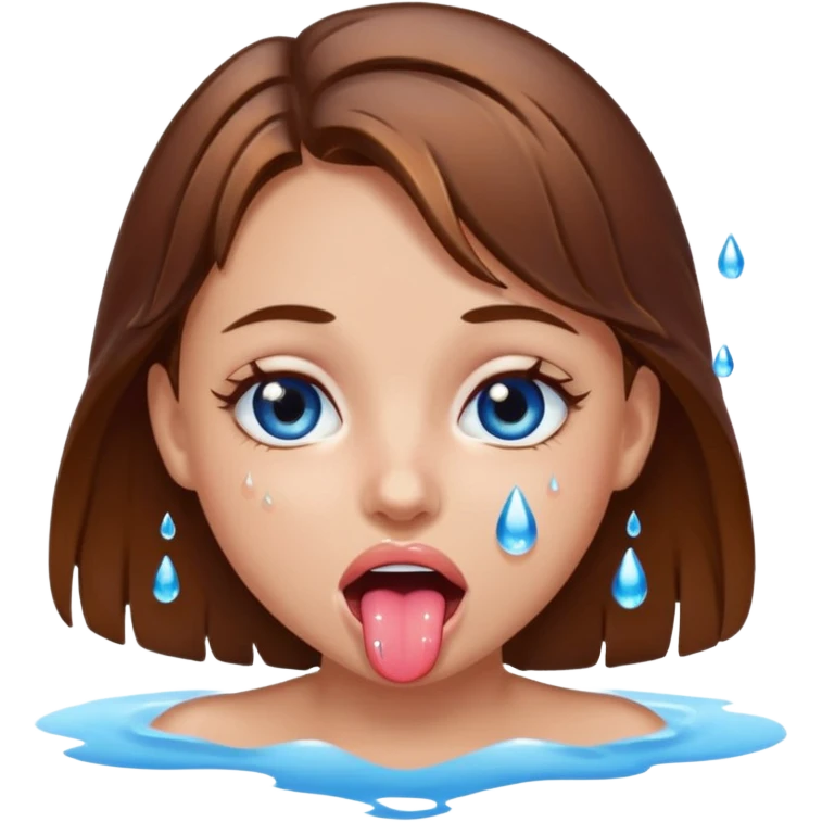 Girl with brown hair, blue eyes, a wet face and her tongue out. Can you make her face more wet? Can you add clear water droplets on her face and tongue? emoji