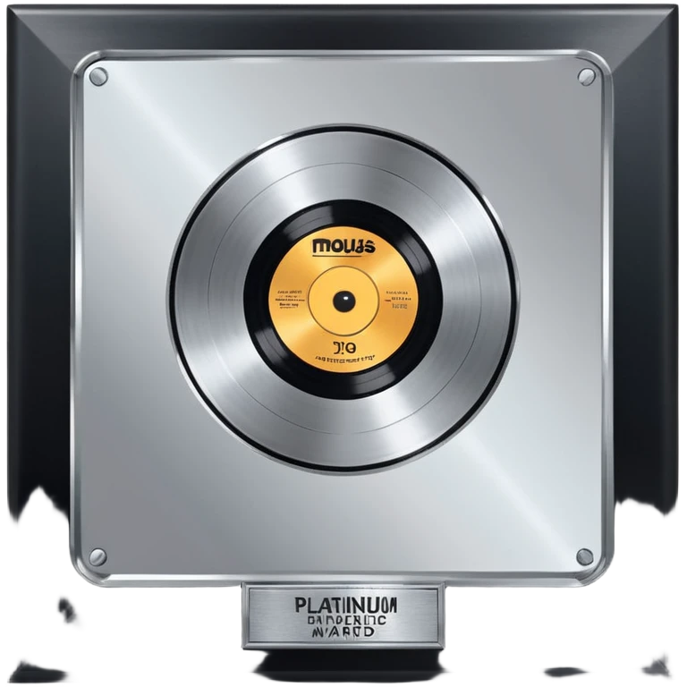 A platinum music award plaque: a square, polished platinum plate with a subtly textured, mirror-like finish, mounted on a simple dark metal base. The center features a relief of a or stylized vinyl record in a slightly darker metallic tone.  emoji