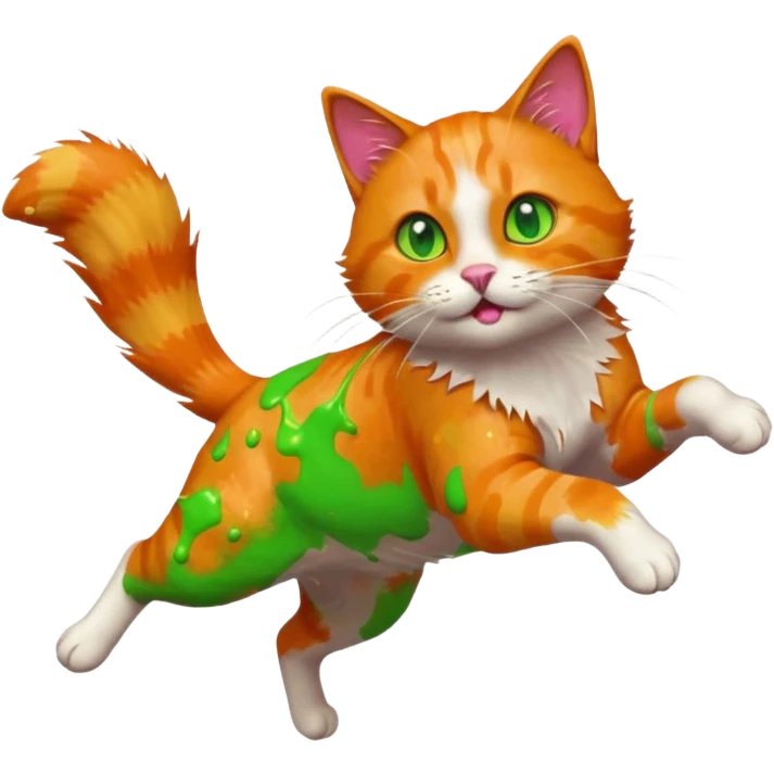 Chat roux qui saute dans la peinture emoji