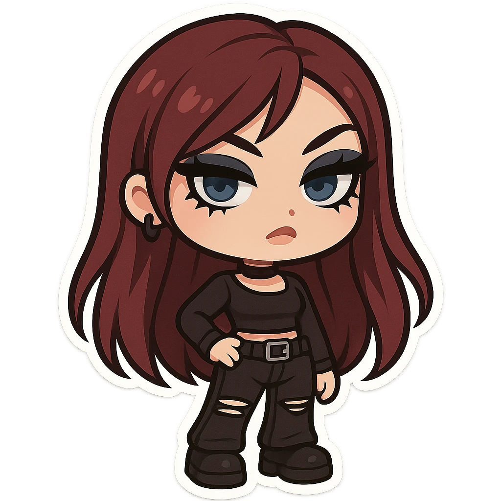 emo alternative girl with burgundy long hair, pale skin, blue eyes, pretty bratz baddie look, strong black eyeliner and lashes, stylish and bold emoji