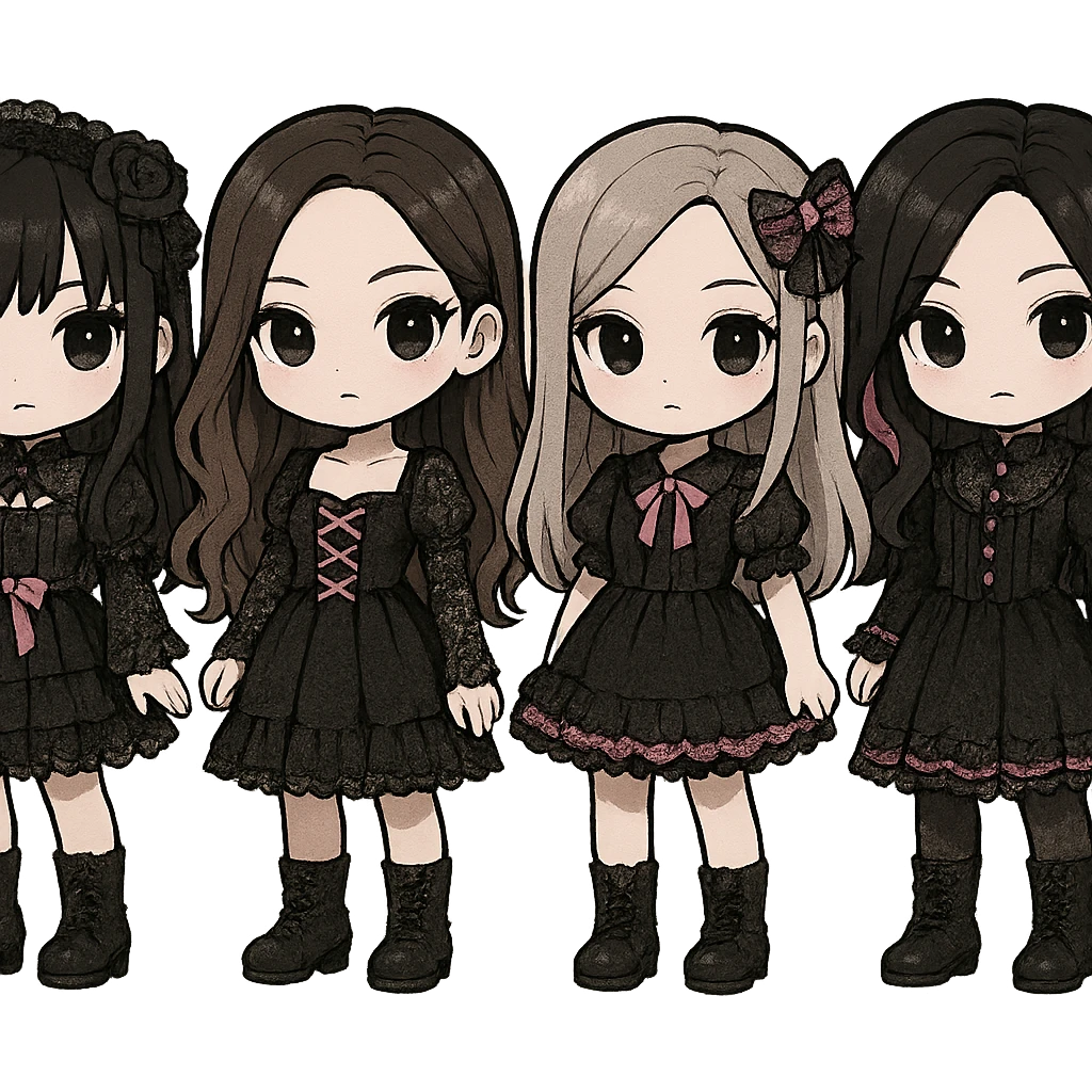 Gothic chibi versions of Blackpink, cute but dark, black lace, pink accents, chibi style, adorable yet gothic emoji
