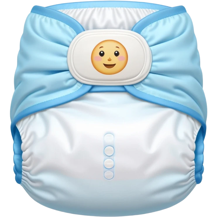 single disposable baby diaper, gently curved and puffy, soft white material with pastel blue edges, elastic leg bands, folded sides, no baby or accessories, soft lighting, subtle shadows, emoji scale emoji