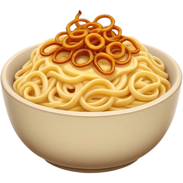 cheesy noodles in a rustic bowl topped with fried onions emoji