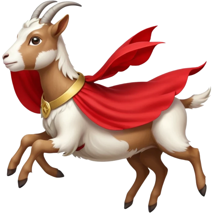 side view of white female goat wearing a read cape like superman emoji