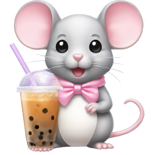Mouse with a light pink bow on its head drinking bubble tea emoji