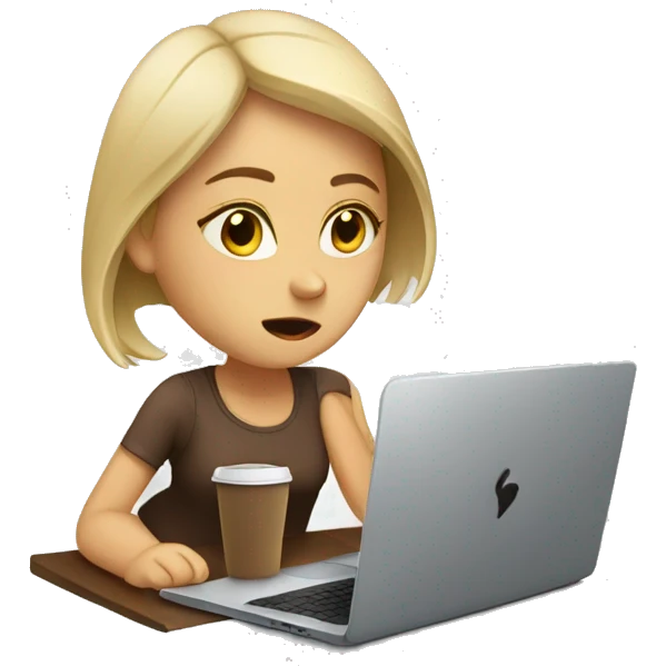 tired girl with laptop drinking a lot of coffee emoji