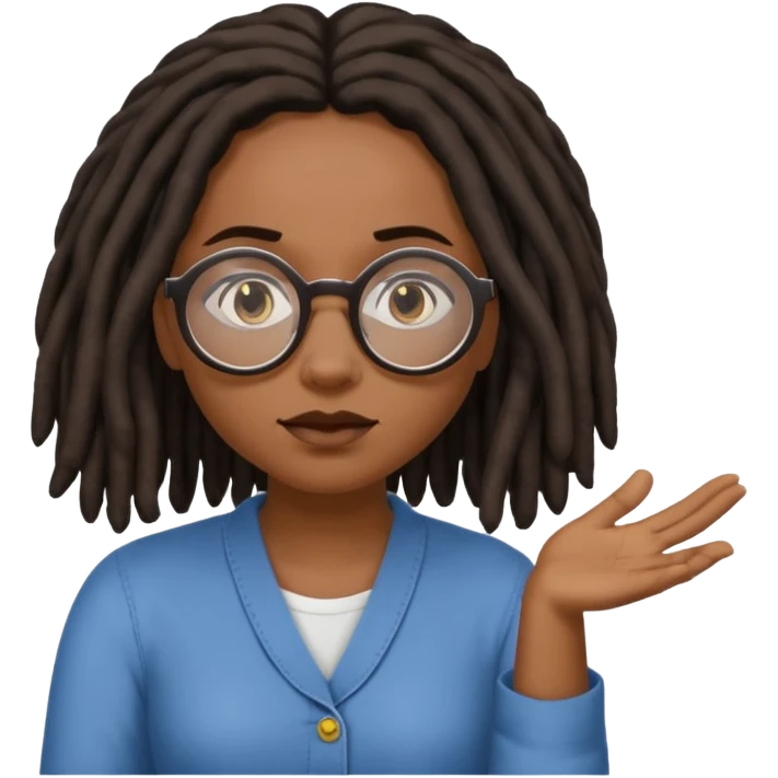 darker skin female with dark dreadlock hair wearing large round glasses shrugging her shoulders emoji