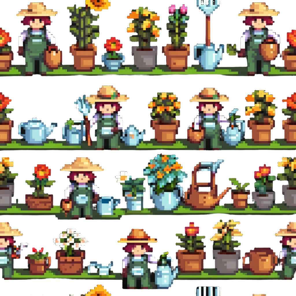 gardener character with straw hat, watering can, and gardening tools emoji