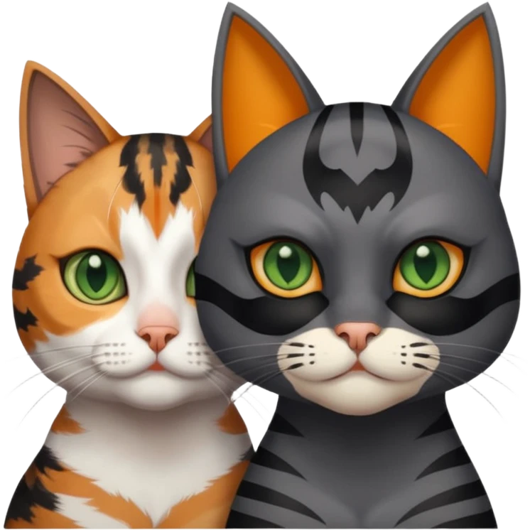 A grey tabby cat with dark grey stripes and green eyes sitting next to a calico cat with orange eyes, calico cat has dark fur around her eye almost like a Batman mask emoji