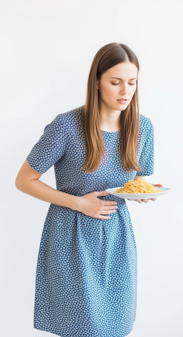 donna con gonfiore addominale e mal di pancia mentre tiene in mano un piatto di pasta, isolata su sfondo bianco emoji