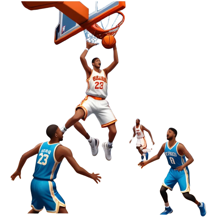 An icon showing a basketball court with players in action, inspired by NBA 2K25. A player jumps for a dunk, the ball mid-air, surrounded by a vibrant basketball arena with cheering fans and bright lights. Transparent background emphasizes the intense atmosphere emoji