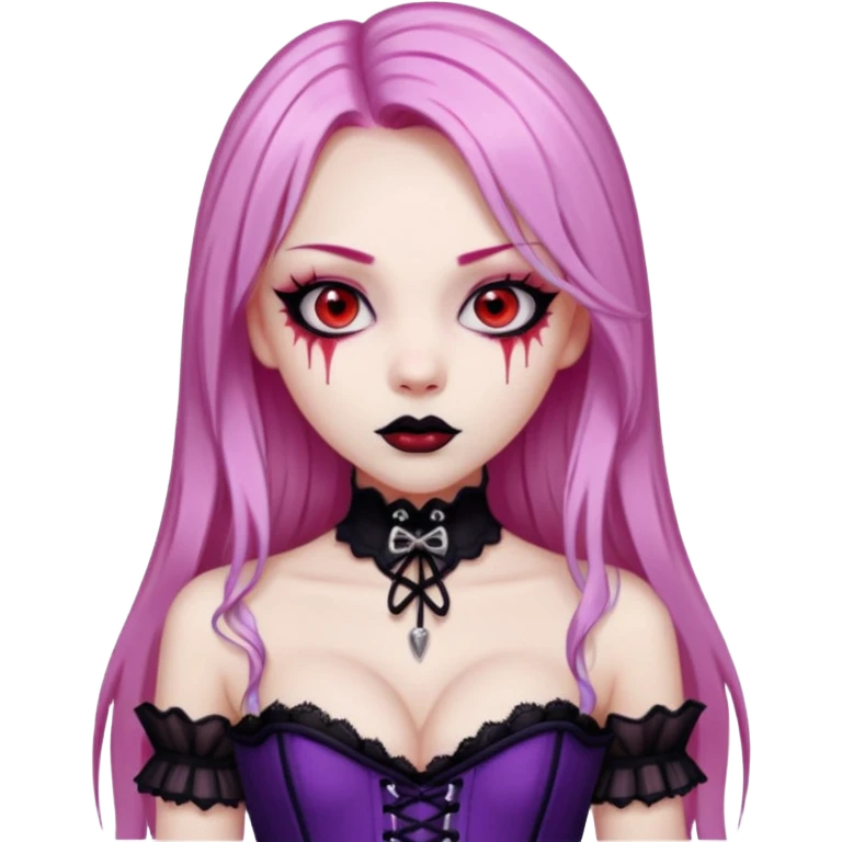pretty scary girl, long straight LIGHT pink HAIR,SCARY RED eyes, black eyeliner, pale skin, purple corset clothes with laces emoji