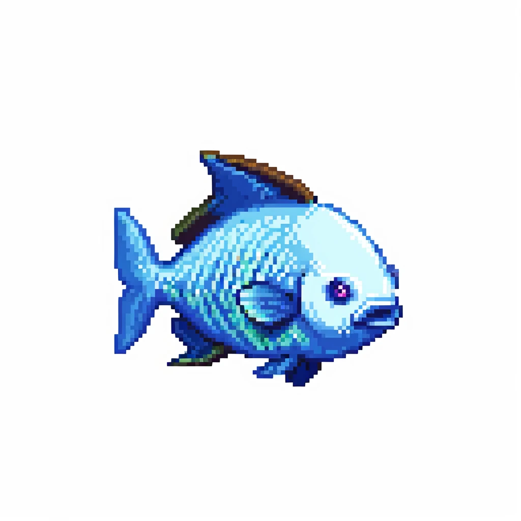 Minecraft inventory fish, eye pointing down-left at 45-degree angle, square texture, isolated fish with transparent background, pixel art game texture emoji