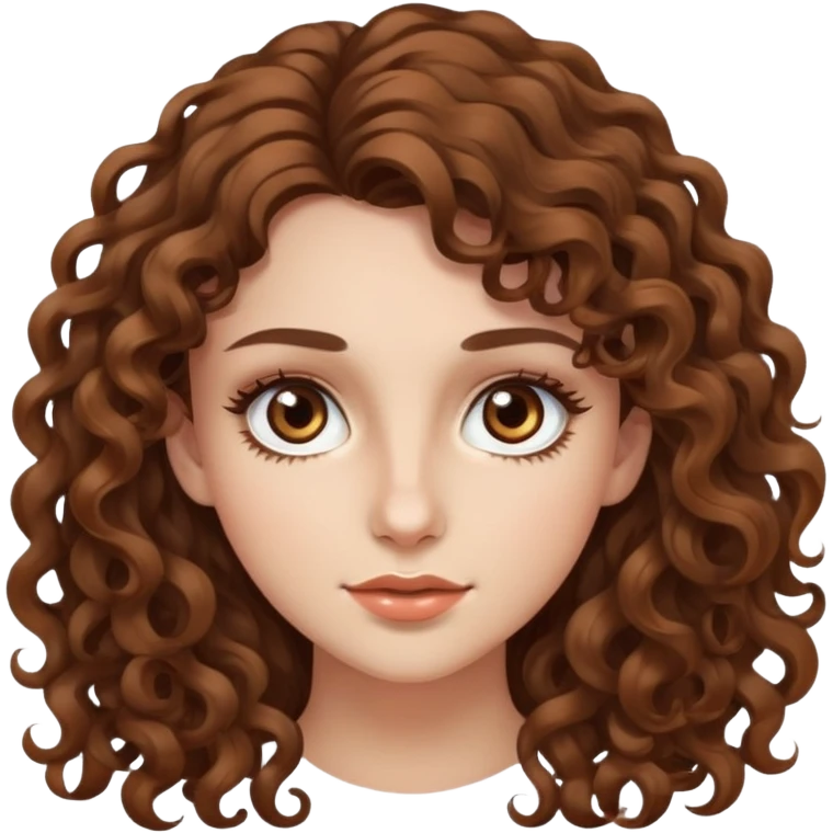 young woman with long curly brown hair, hazel eyes, long eyelashes emoji