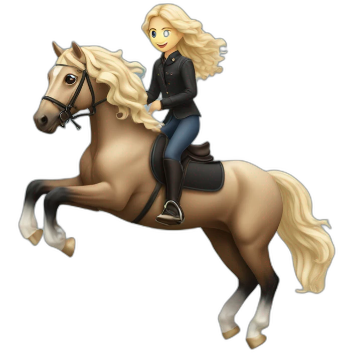 blonde girl with wavy hair riding friesian horse jumping emoji
