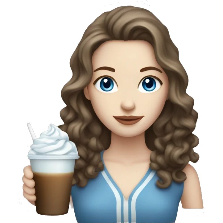 Pale skin women with brown wavy hair and blue eyes drinking ice latte  emoji