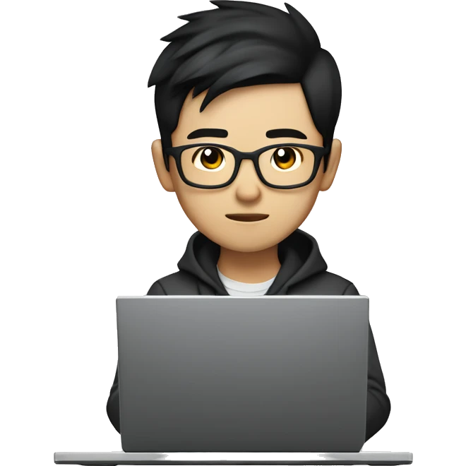 Cool asian boy, wearing glasses, with sharp features, focused expression. Short black hair, stylish casual clothes. Sitting at a computer, coding on the screen. High-tech environment, soft lighting, modern and sleek.  emoji