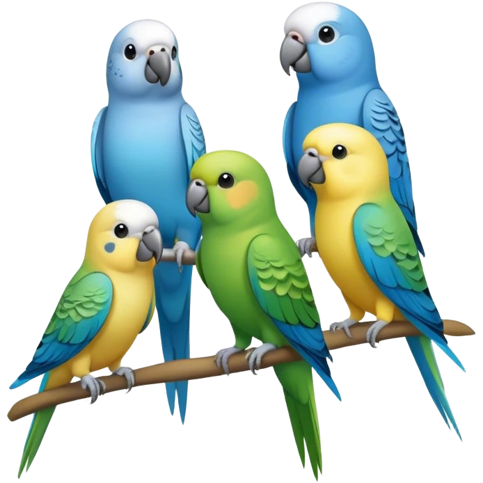 group of 1 fully blue parakeet, one fully green parakeet, one fully grey parakeet, and one fully yellow parakeet emoji