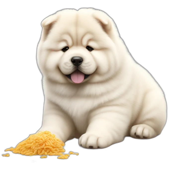 Chow chow white pup,eating a food,young cute,furry shiny dog cute, realistic, young,sitting on floor, beautiful picture, 4k, 16k emoji
