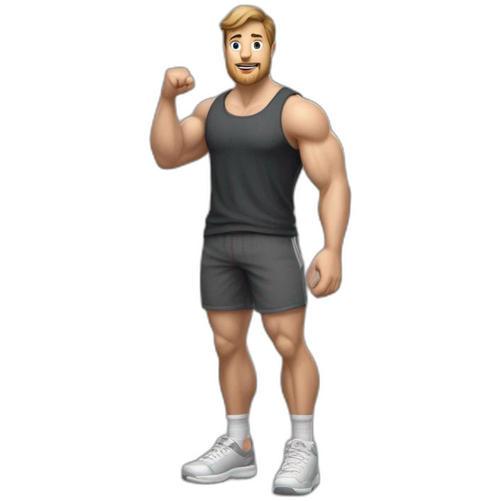 Full height realistic Actively gesturing with hands Pale skinned Fit Man With the biceps and brown hair in dark gray Sleeveless Mike, black oversize sports shorts, watch and white Sneakers emoji