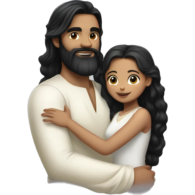 Light skin;Black long hair girl  in a white saree hugging with a man with black beard and hair on top emoji