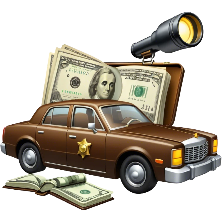 Icon for Action & Crime Reading: an open book with dramatic crime scenes—bullet holes on pages, a detective badge, a revolver, and a getaway car. Surrounding elements include a briefcase with cash and a flickering streetlight. Transparent background. emoji