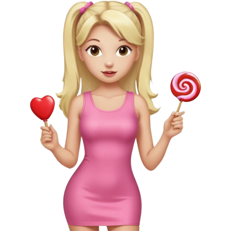 Beautiful woman with long blonde ponytails wearing light pink bodycon dress holding a lollipop emoji