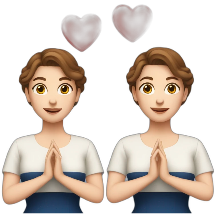 A white woman with brown hair, making a heart symbol with her hands (with long earrings and dark blue dress) making a heart symbol with her hands emoji