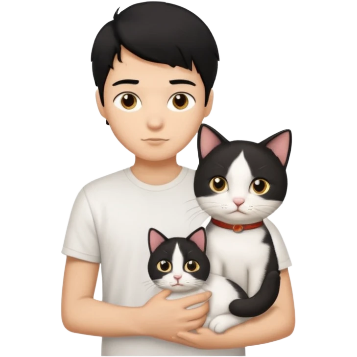 generate a pretty bratz emoji of a boy with black hair wearing a white tshirt and holding a cat  emoji