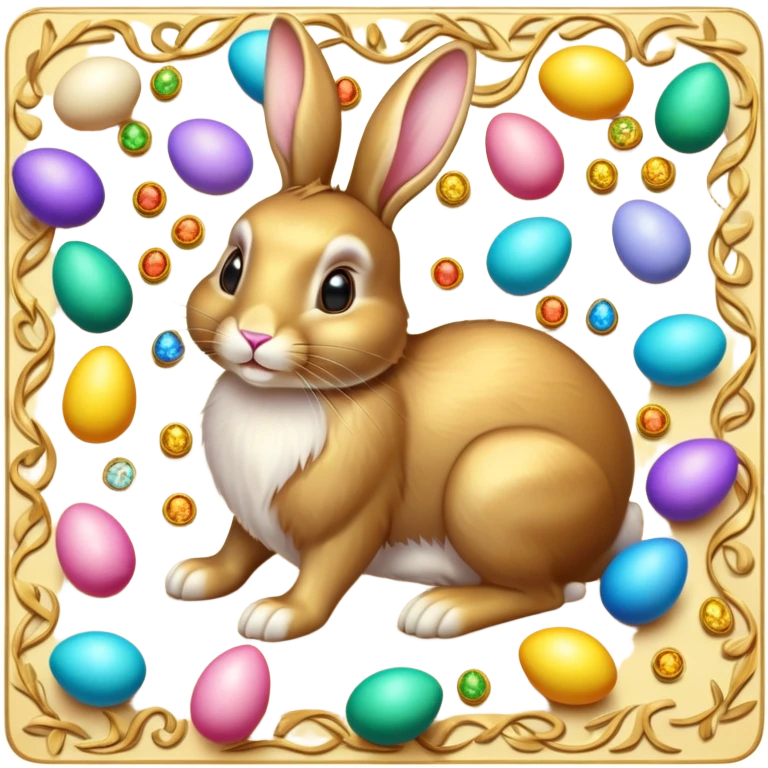 Golden Easter rabbit among golden jewelled Easter eggs on silky colourful carpet emoji