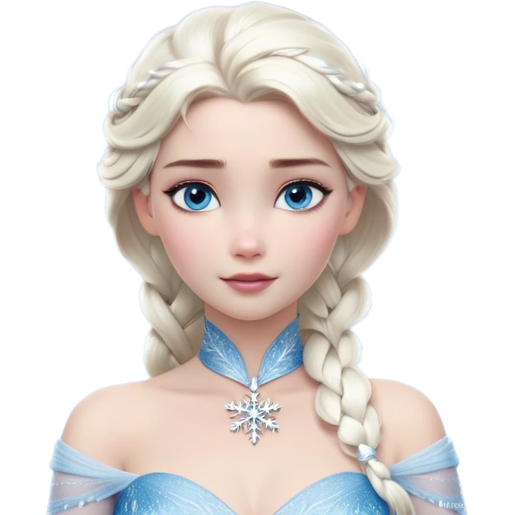 Cinematic Realistic Elsa Portrait, depicted with lifelike skin texture, soft natural lighting, and intricately detailed platinum blonde hair styled elegantly. Her striking, expressive blue eyes exude confidence and grace, complemented by a serene and regal expression. She holds a shimmering snowflake delicately in one hand, her other hand resting against her gown, embodying the power and beauty of winter. She is dressed in her signature icy attire, with shimmering fabric textures and delicate folds that catch the light beautifully. The portrait features a soft, enchanting glow with a cool, radiant finish, capturing the essence of timeless elegance in a realistic and painterly style. emoji