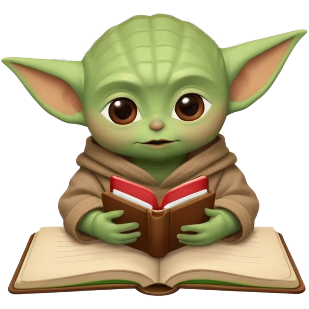 Baby Yoda con su tunica chocolate escribiendo en un cuaderno sobre un escritorio en un aula de clases emoji