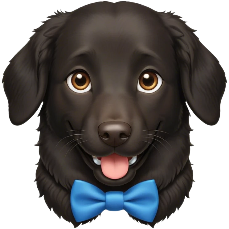 Black, flat-coated retriever, smooth fur with curly ears, smiling face, blue bow tie collar, brown eyes emoji