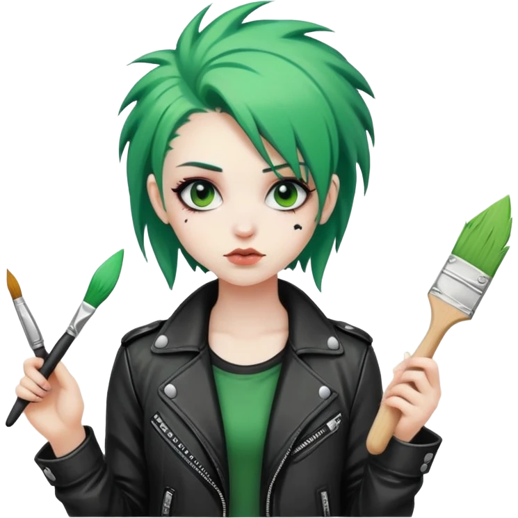 punk-girl with green hair in leather jacket with brush emoji