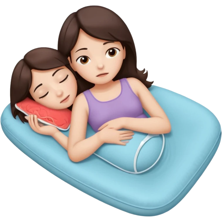  a brunette girl lying down on her side, holding a warm heating pad against her lower belly. She's uncomfortable and sad, her posture should show she’s having menstrual cramps. Use simple lines, rounded shapes, soft colors, and a clean emoji aesthetic. Make it expressive but still adorable emoji