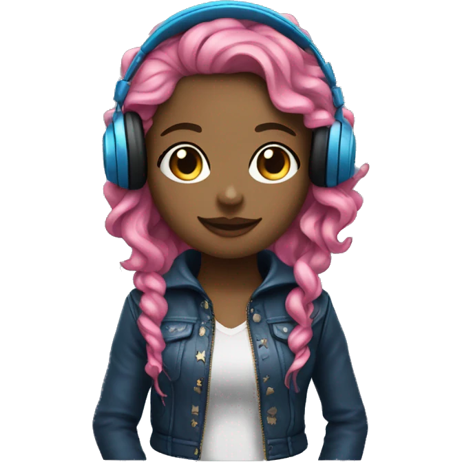 hotgir; rock; leather; girl; pink and blue long curly hair with headphones emoji