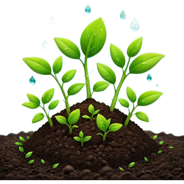 A 3D cartoon view of small green seedlings sprouting from dark soil, soft sunlight, water droplets on leaves, minimal background, realistic Memoji-style look. emoji
