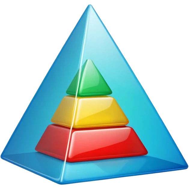 “Cute 3D cartoon emoji sticker of a pyramid made from glossy plastic glasses (blue, green, red). Soft lighting, smooth shadows, playful look, glossy plastic texture, white sticker outline, transparent background, high resolution.” emoji